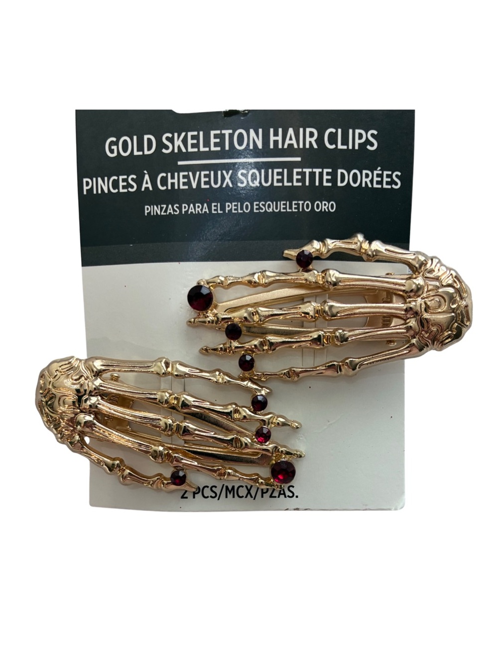 Gold Skeleton Hand Hair Clips with Red Gems - 2 Pack